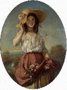 Camille Roqueplan Girl with flowers oil on canvas